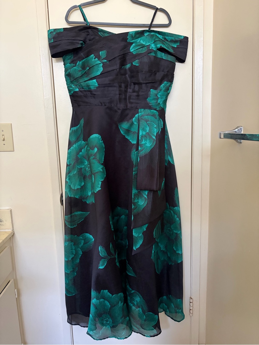 Tahari Off-Shoulder Black Dress with Emerald Floral Print